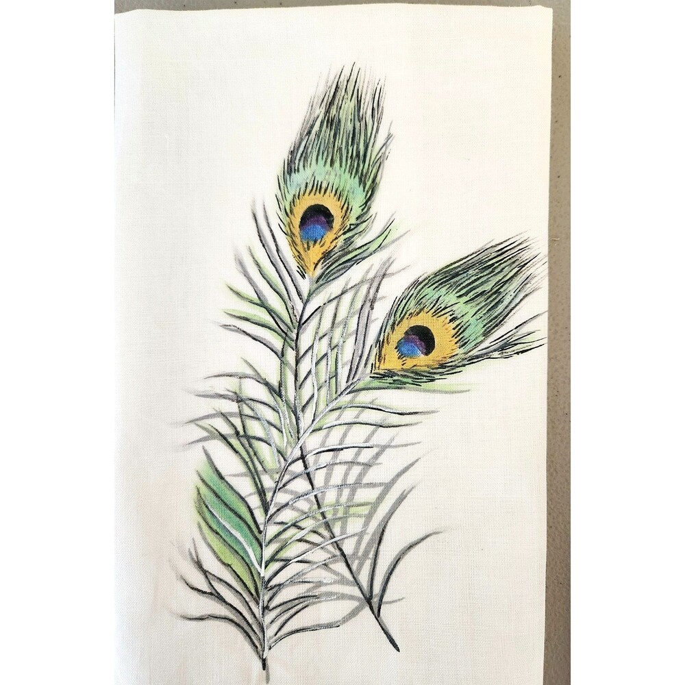 2 VTG Guest Fingertip Tea Towels Hand Painted Peacock Feathers Cottagecore #02 - Picture 2 of 4